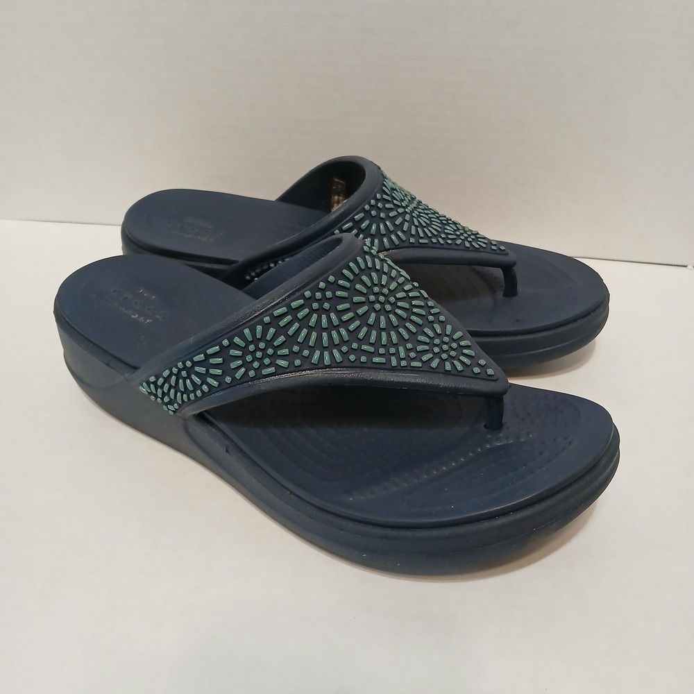 Crocs Monterey Diamonte Wedge Sandals Womens 8 Blue Thong T-Strap Flip Flops